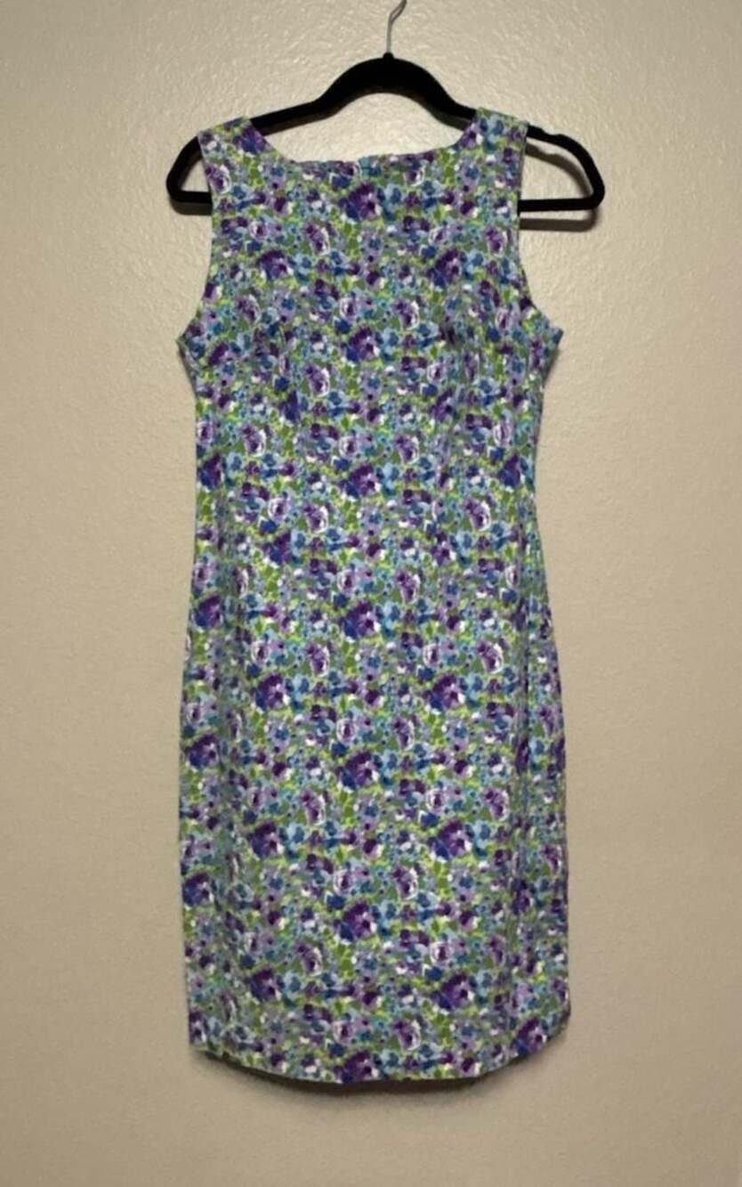 Vintage CDC 90s Purple Blue Green Floral Sleeveless Midi Sheath Dress